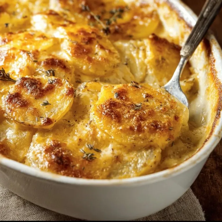 Three-Cheese Au Gratin Potatoes baked to perfection with creamy layers and golden cheese crust.