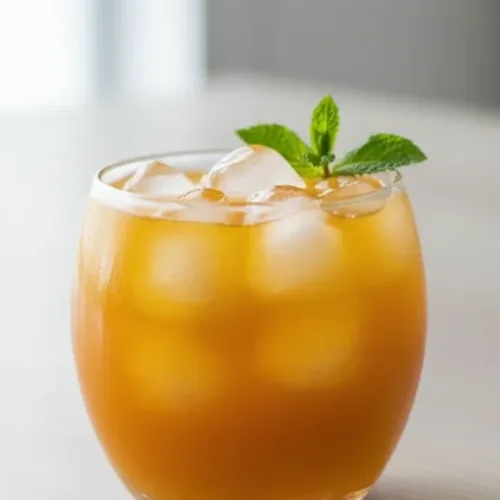 Anti-Inflammatory Iced Turmeric Green Tea 3 A glass of iced turmeric green tea decorated with lemon and spices.