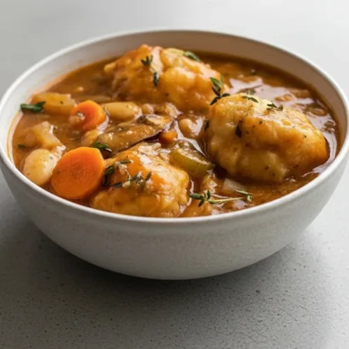 Bowl of best vegan dumpling stew with colorful vegetables and dumplings