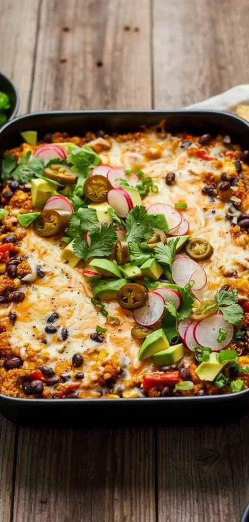 Black Bean Quinoa Enchilada Bake dish garnished with fresh cilantro and avocado.