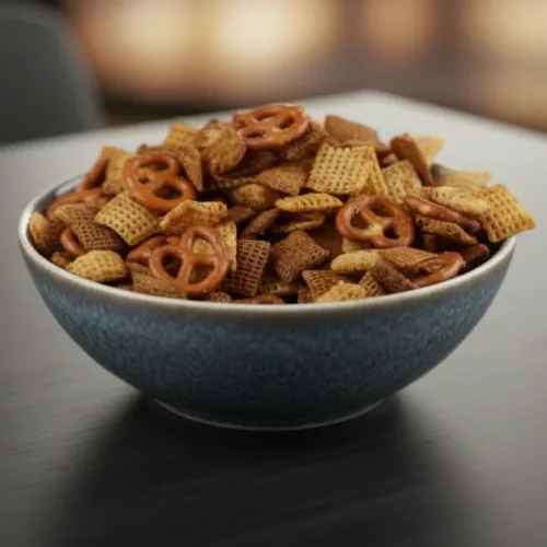 Bowl of Bold and Buttery Homemade Chex Mix with various crunchy snacks
