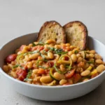 Bowl of creamy vegan tomato white bean stew with fresh herbs