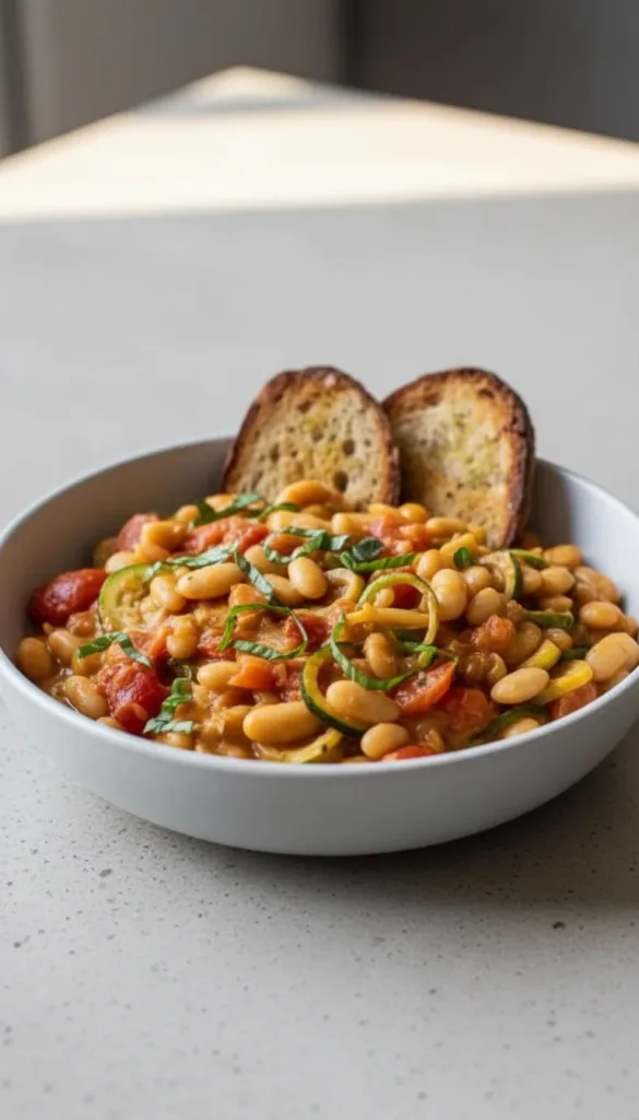 Bowl of creamy vegan tomato white bean stew with fresh herbs