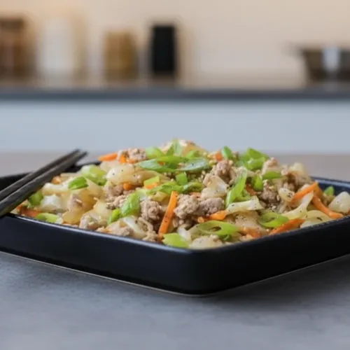 Bowl of delicious egg roll in a bowl recipe with colorful vegetables and meat