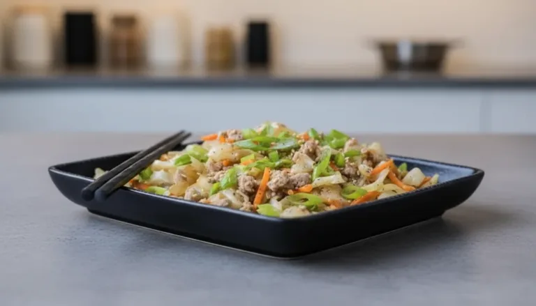 Bowl of delicious egg roll in a bowl recipe with colorful vegetables and meat