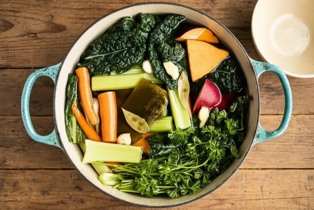 A bowl of healing mineral broth made with fresh vegetables and herbs.
