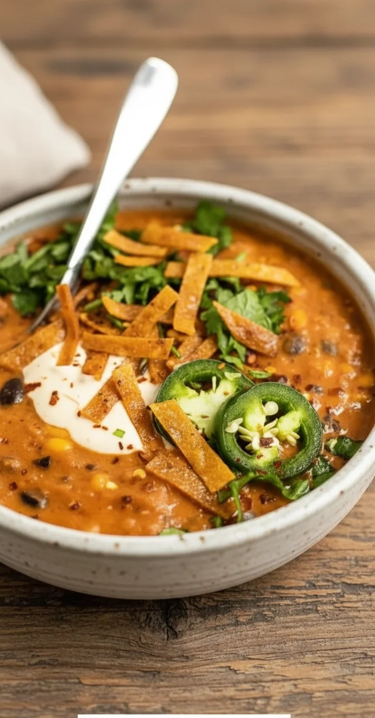 Delicious vegan tortilla soup served in a bowl with crispy tortilla strips