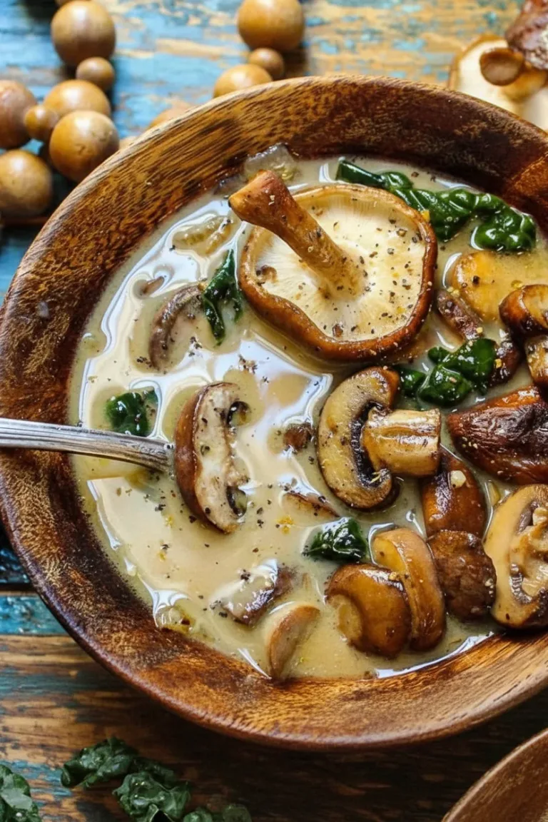 Bowl of Paleo mushroom onion and kale soup with fresh ingredients