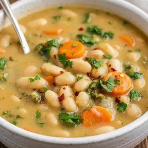 Bowl of savory Tuscan White Bean Soup garnished with herbs