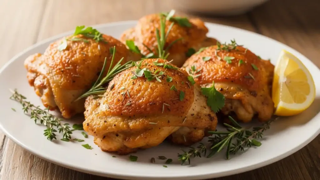 Extra crispy air fryer chicken thighs on a plate with golden‑brown skin and vibrant herbs