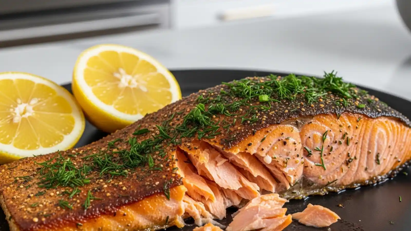 Crispy air fryer salmon fillet with golden edges and lemon slices