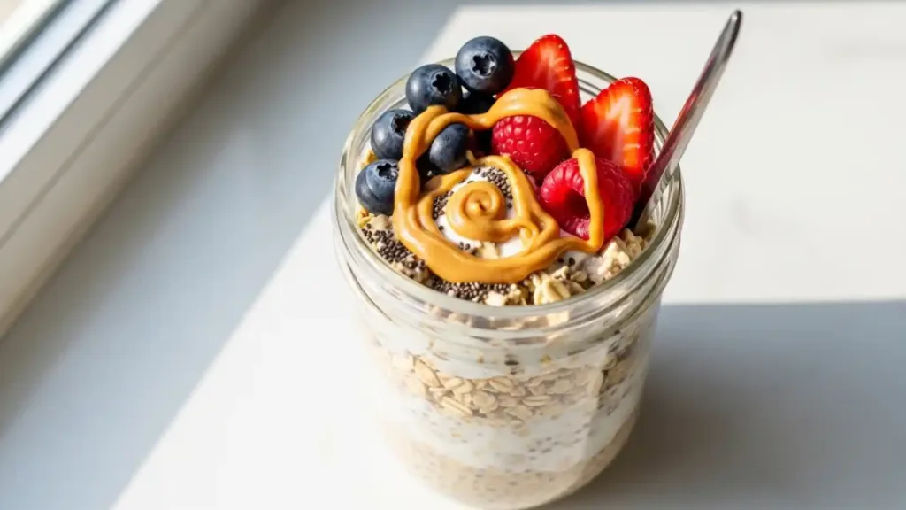 Healthy protein overnight oats in a mason jar with berries and chia seeds