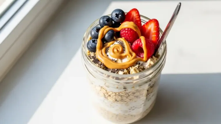 Healthy protein overnight oats in a mason jar with berries and chia seeds